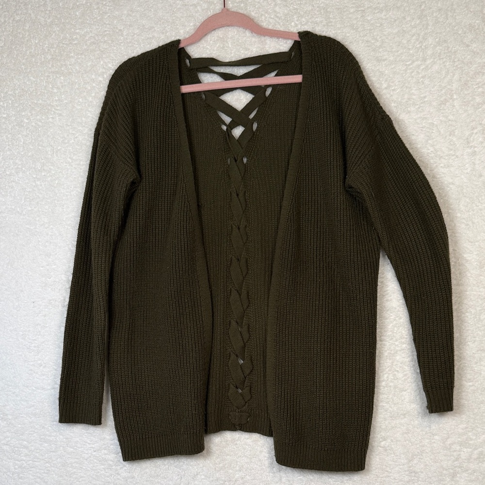 Olive‎ Green Women's Open Front Cardigan Sweater M Laced Back